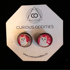 Cat Earrings Button Style Curious Oddities White Kitty